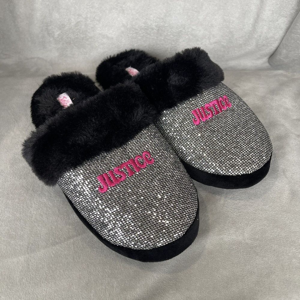 Justice Slippers Girls Size 6 Sparkly Plush Faux Fur Glam‎ Sparkle Glitter Shiny